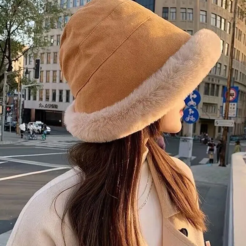women bucket hat women winter furry bucket hat rolled brim faux fur cloche hat fleece lining autumn and winter windproof warm