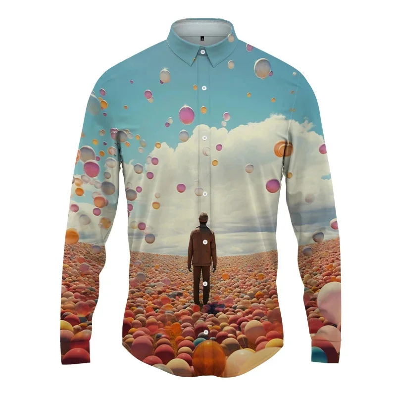 thumbnail image 1 of Camisa con solapa con estampado 3D de globos para hombre y mujer, camisas casuales de moda de manga larga, blusas con botones, ropa unisex de gran tamaño, 1 of 5