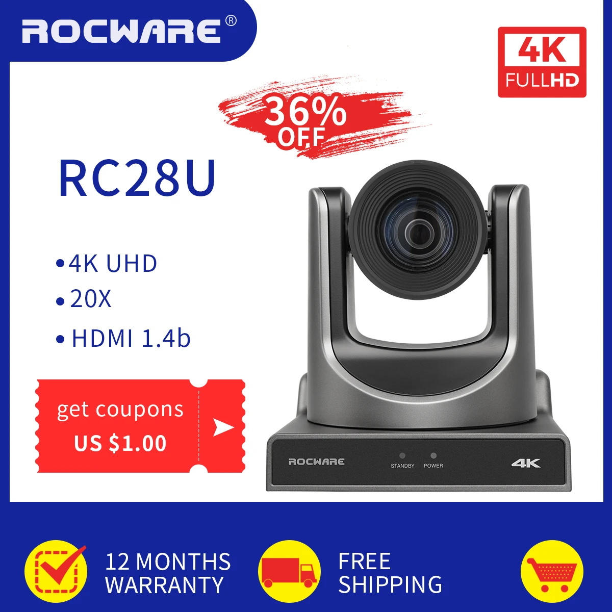 ROCWARE-RC28U 4K PTZ 화상 회의 카메라, HDMI 1.4b SDI PTZ 카메라, 20X 줌, 라이브 스트리밍 카메라