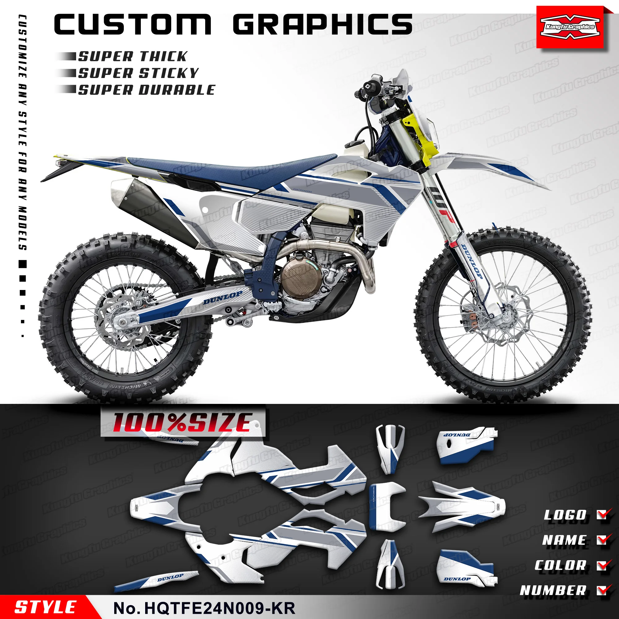 KUNGFU GRAPHICS Full Off Road Sticker Enduro Decal Kit for Husqvarna TE FE 150 250 300 450 501 2023 2024 White Gray