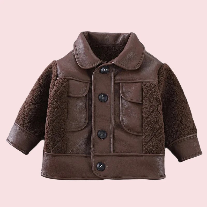 Winter Kids Boys Thicken Jackets For Boys Coats PU Maillard Plush Splicing Jackets Toddler Children Outerwear Baby SnowCoat