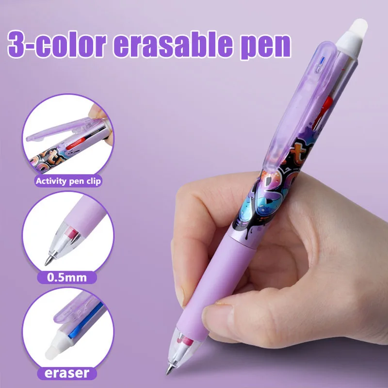 1pcs 3-color Erasable Ballpoint Pen Black Red Blue Ink Refill Panda, Cat, Bear, Color Letter Pattern Design for Office School