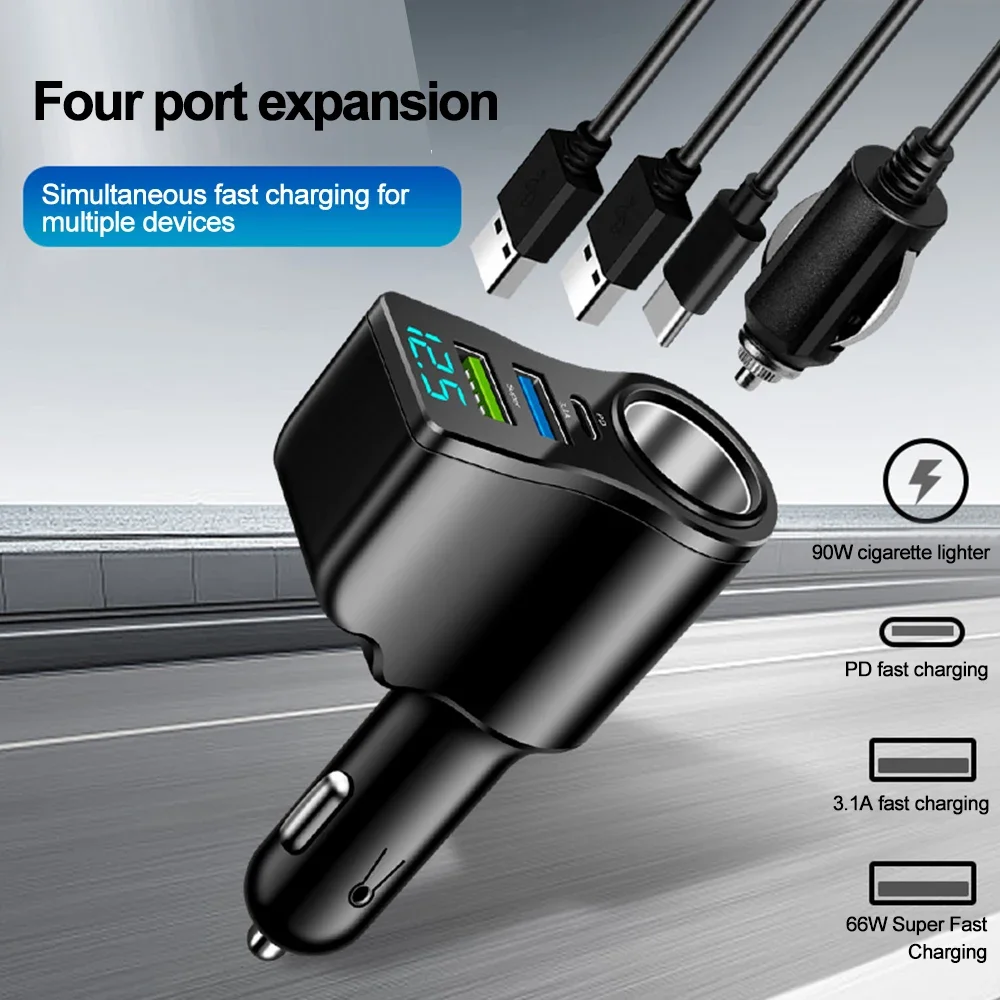 4 in 1 66W Car Charger Super Fast Charging Socket Splitter USB Type-C Car Charger Voltage Digital Display For iPhone Huawei