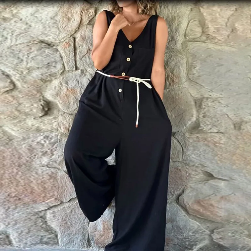 

Elegant V-neck Button Cotton Linen Rompers Summer Casual Sleeveless Solid Color Jumpsuit Women Fashion Pocket Versatile Overalls