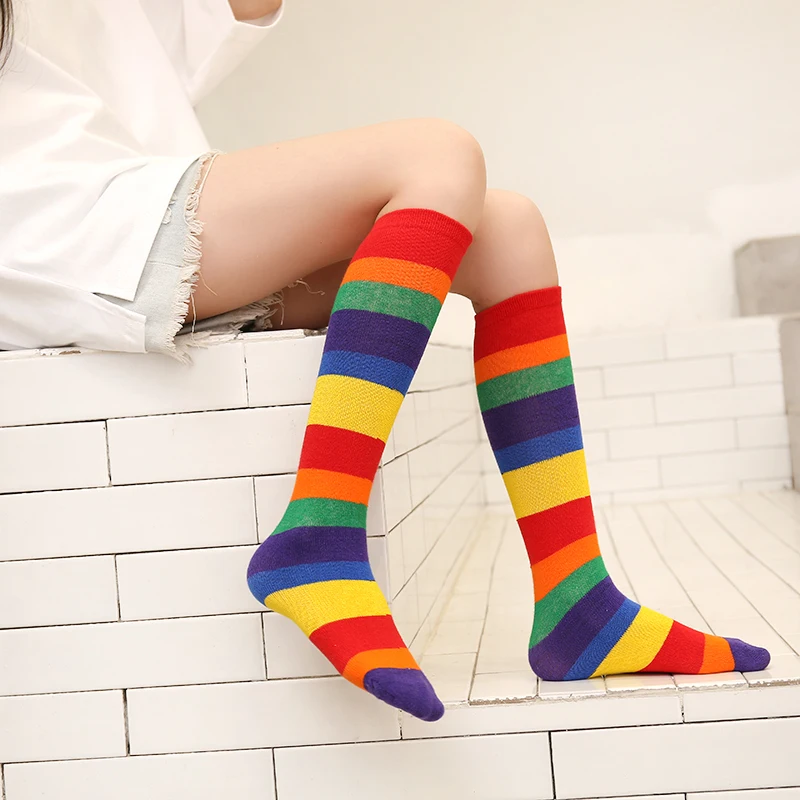 Girls Long Tube Socks Spring Autumn Color Korean Version Striped Children Pile Socks Rainbow Baby Over Knee children socks children tights
