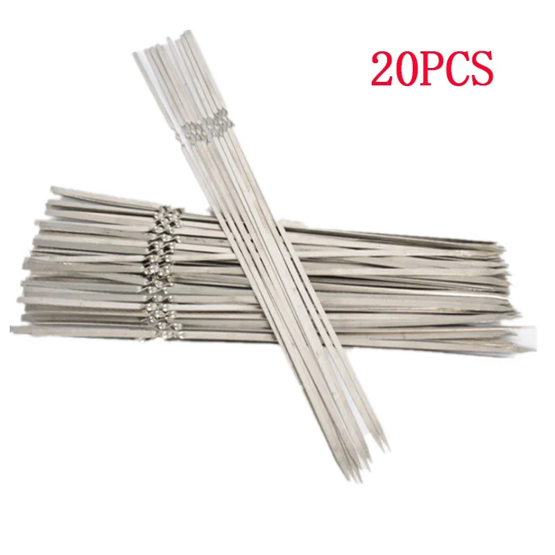 RajoNN 20 Pezzi Spiedini per Barbecue Griglia Riutilizzabile Spiedini in Acciaio Inossidabile Shish Kebab BBQ Forchette Piatte da Campeggio Gadget Accessori da Cucina Strumenti