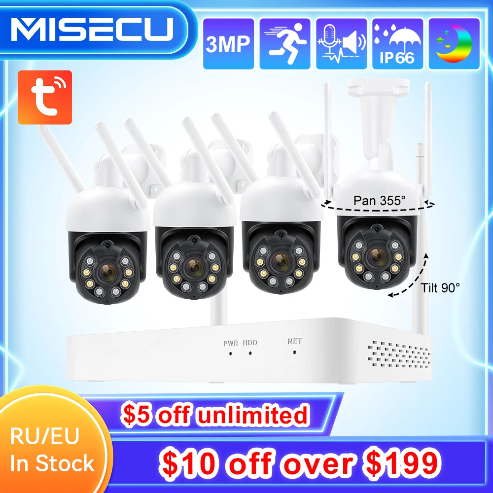 MISECU Tuya 8CH 3MP PTZ Wireless Security System Outdoor Human Detect WIFI IP Camera CCTV Video Record Surveillance Kit H.265