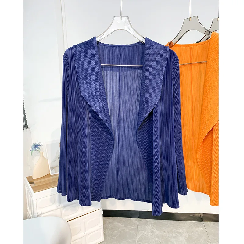 Miyake Pleated Short Jacket 2025 Spring Summer Women's Casual Tops Flap Collar Loose Shopping Peplum Cardigan Tunic Tops