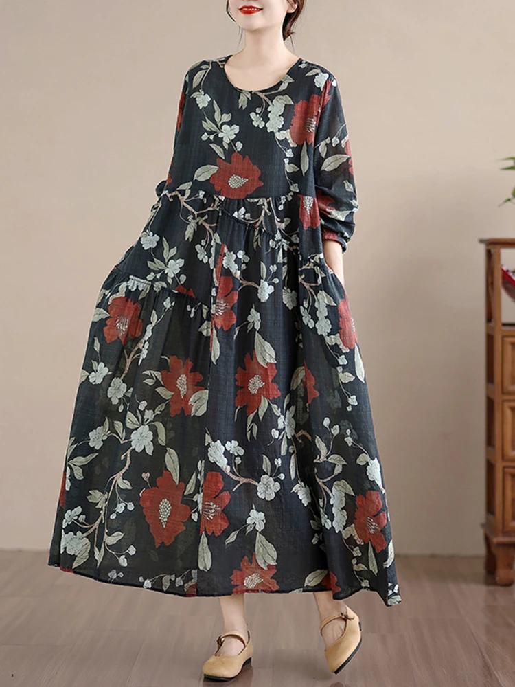Cotton Long Sleeve Print Vintage Spring Autumn Dresses Women 2025 Casual Loose Long Dress Office Lady Vestidos Elegant Clothing