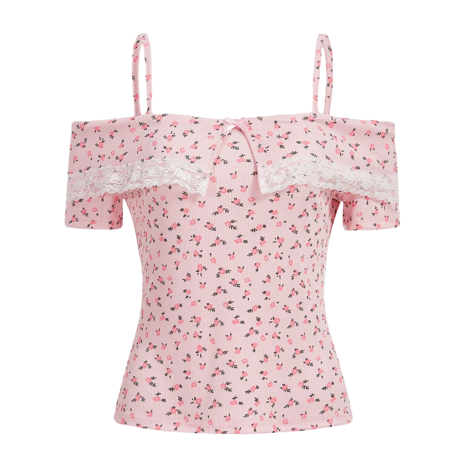 

Kawaii Women's Cold Shoulder Tops Cute Short Sleeve Floral Print Slim Fit T-Shirts Lace Trim Shirts Streetwear