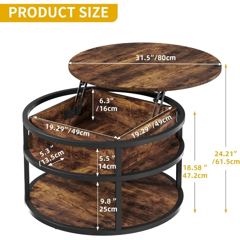 Round Coffee Tables for Living Room,Lift Top Coffee Table with Storage, Farmhouse Wood Coffee Table,Circle Coffee Tables 2