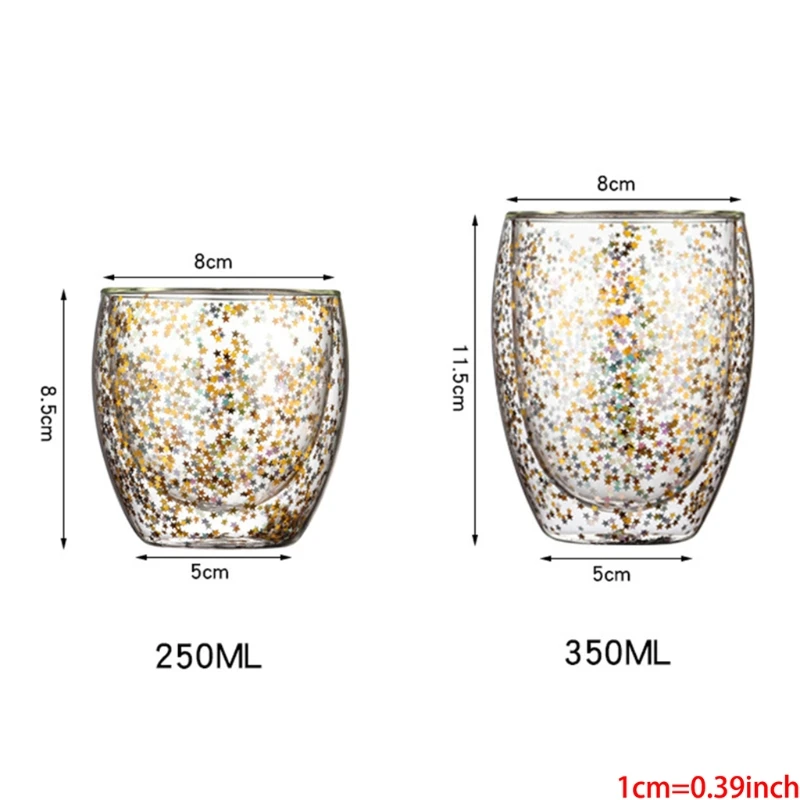 P82D for Creative Double Wall Glass Cups Sequins Star for Wish Glasses Mugs Home Party Bar Wine Cocktail Coffee Milk Glass