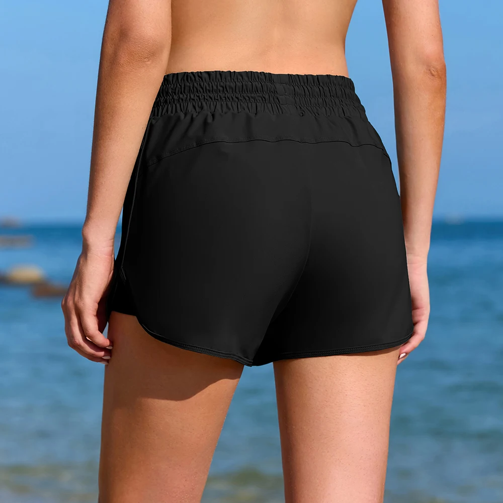 Anfilia Women Swim Shorts High Waist Drawstrings with Hidden Zipper Side Pockets Built In Boxer Solid High Waist Board Shorts 4