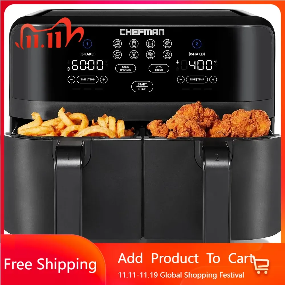 Dual Air Fryer, With Double Basket Capacity, One-Touch Digital Controls And Shake Reminder For The Perfect Crispy