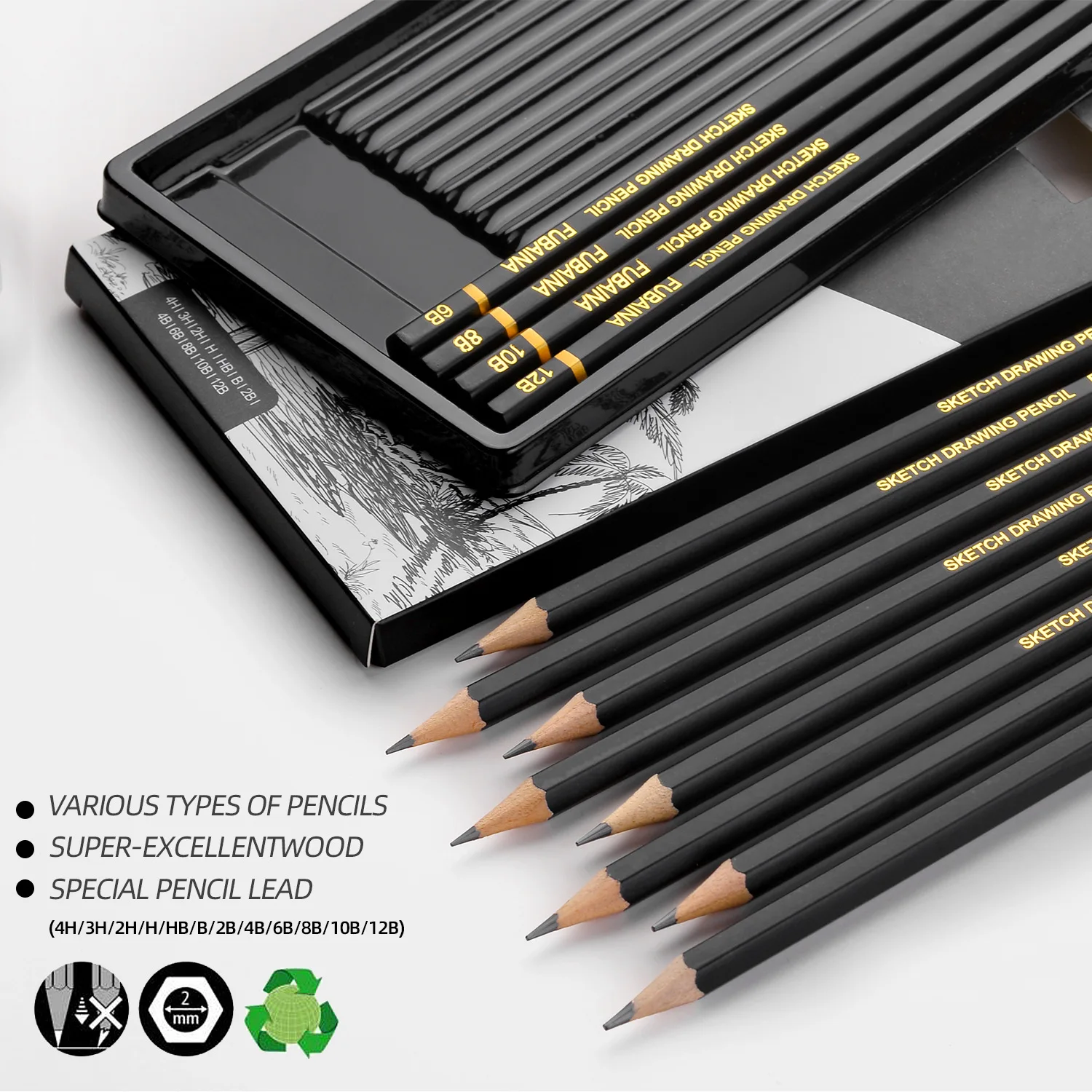HB 2H 4H 6H B 2B 3B 4B 5B 6B 8B 10B Set di matite per schizzi da disegno, 12 pezzi Matite artistiche Matite per ombreggiatura in grafite per principianti - immagine 3