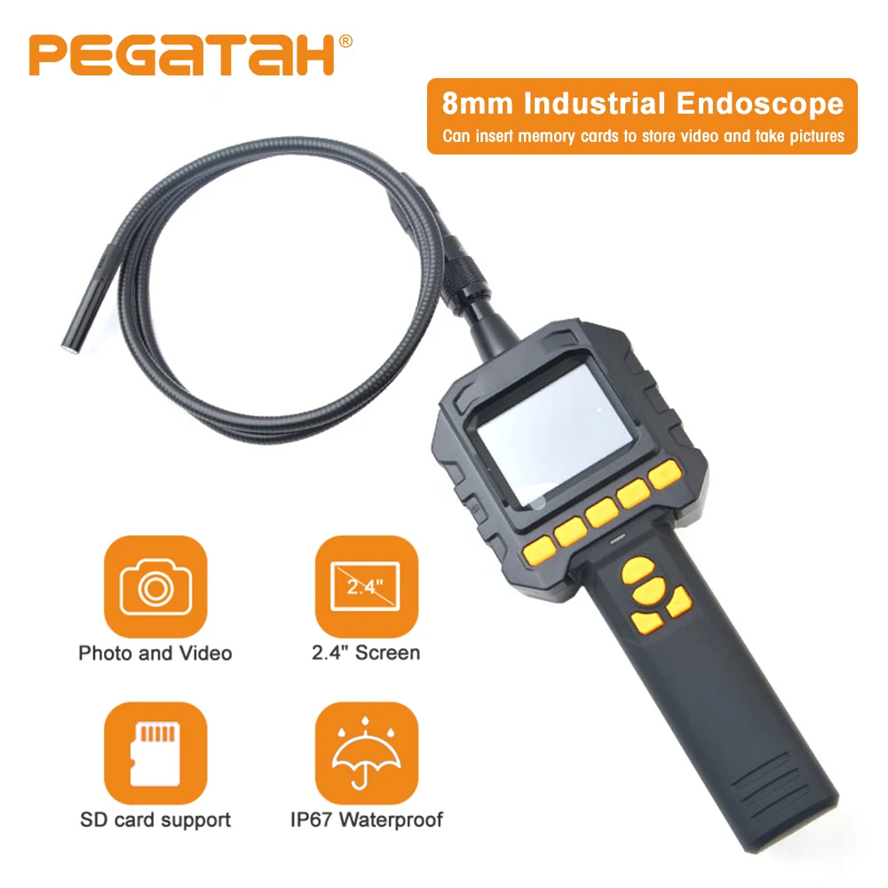 2.4'' TFT Screen Industrial Camera 8mm HD Pipe Sewer Inspection Borescope IP67 Waterproof LED with Recordable Monitor