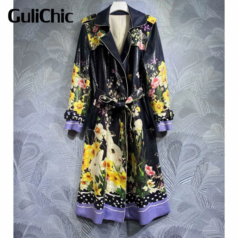 

7.26 GuliChic Women Temperament Fashion Lapel Collar Print PU Leather Long Sleeve Trench Coat With Belt