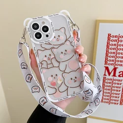 Adorable Bear Phone Case with Lanyard - Cartoon Cat Soft TPU Cover Bumper - iPhone 15 (01 With Lanyard)