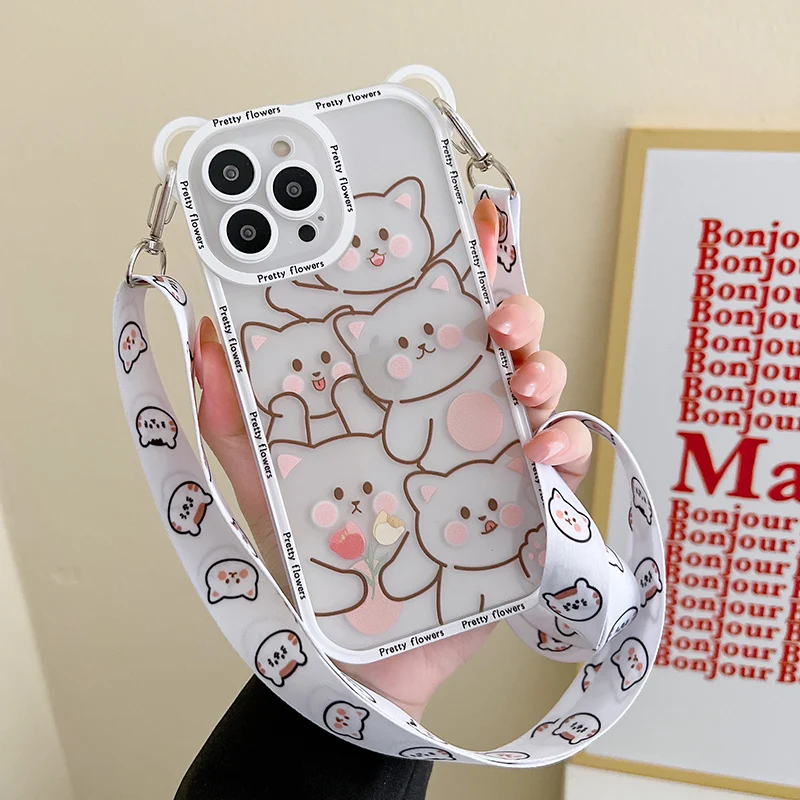 thumbnail image 1 of Funda de teléfono con cordón para iPhone, carcasa de TPU suave con diseño de gato de dibujos animados para modelos 14, 13, 11, 12, 16 Pro Max, XS, X, XR, 8, 7, 15, 14 Plus, 1 of 5