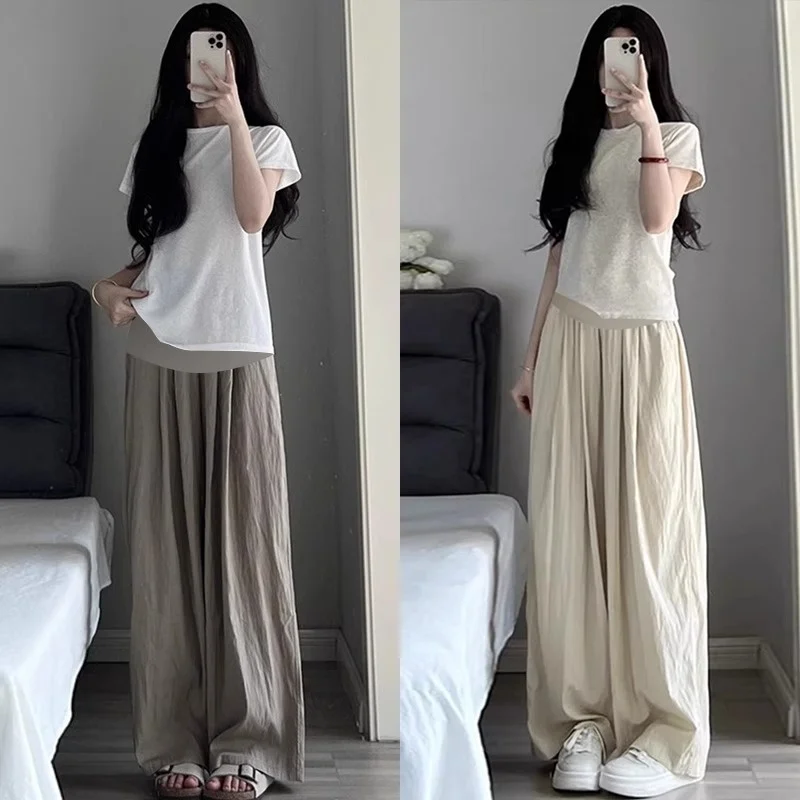 경량 여름 베이지 와이드 레그 팬츠 루즈 캐주얼 얇은 아우터웨어 임산부 바지 봄 가을 롱 팬츠