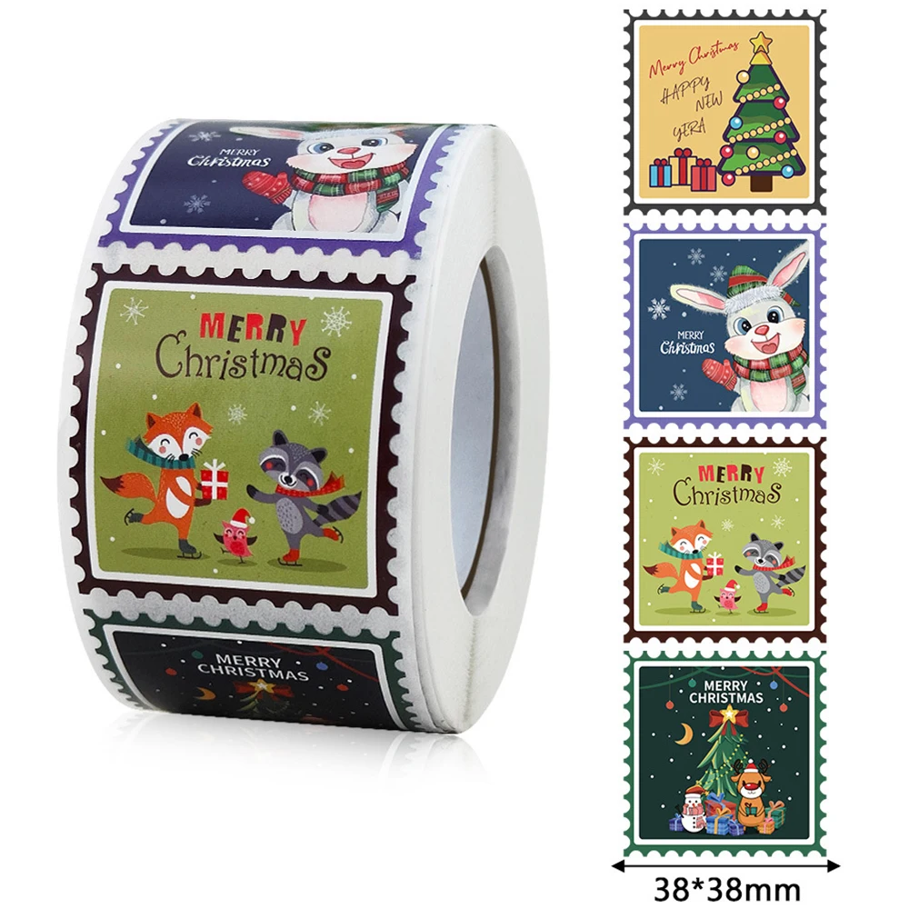 

50-500Pcs Merry Christmas Stickers 3.8cm Square Christmas Tree Holiday Adhesive Labels for Cards Present Envelopes Seal Box Bag