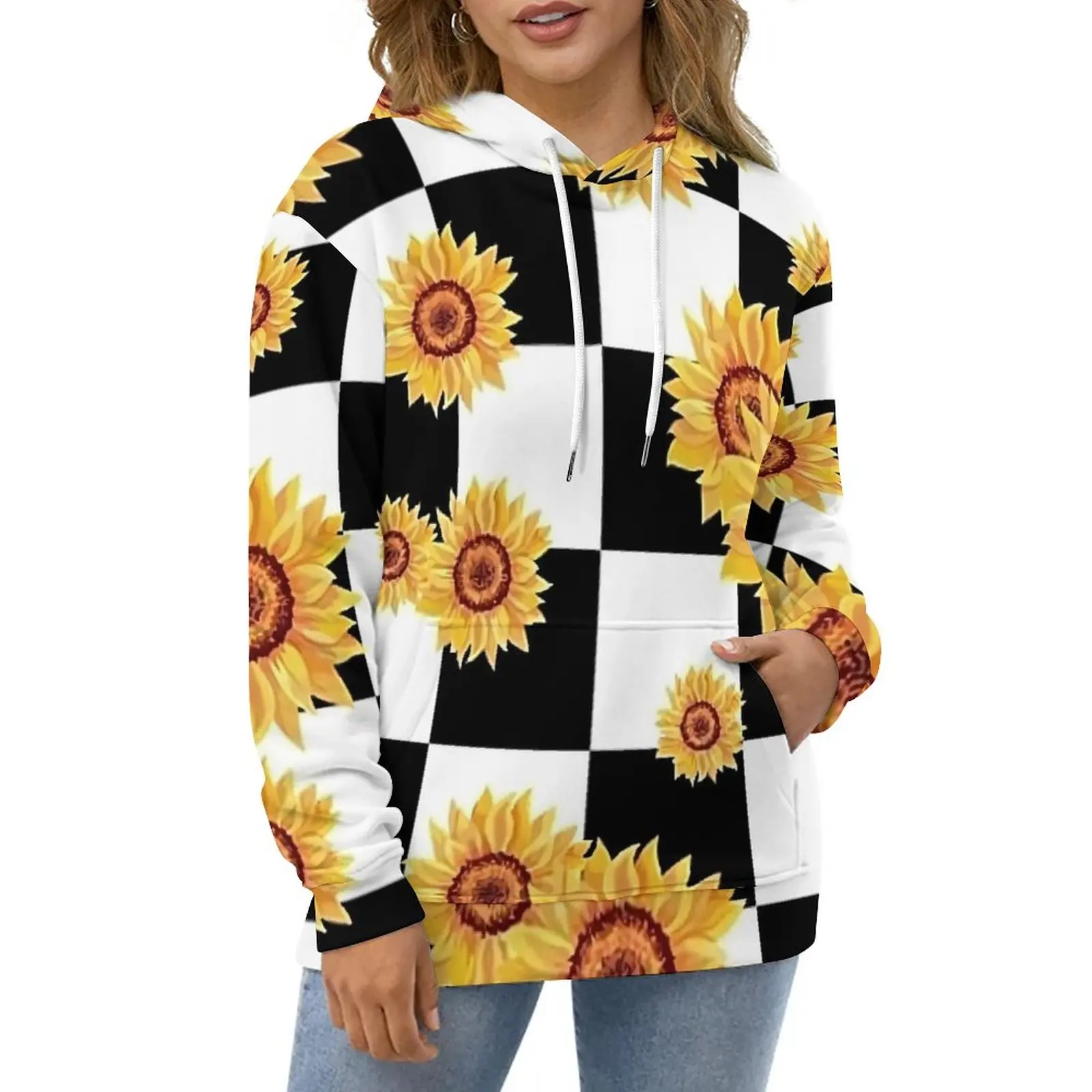 

Sunflower Hoodies Checkerboard Print Streetwear Casual Hoodie Long Sleeve Y2k Printed Sweatshirts Big Size