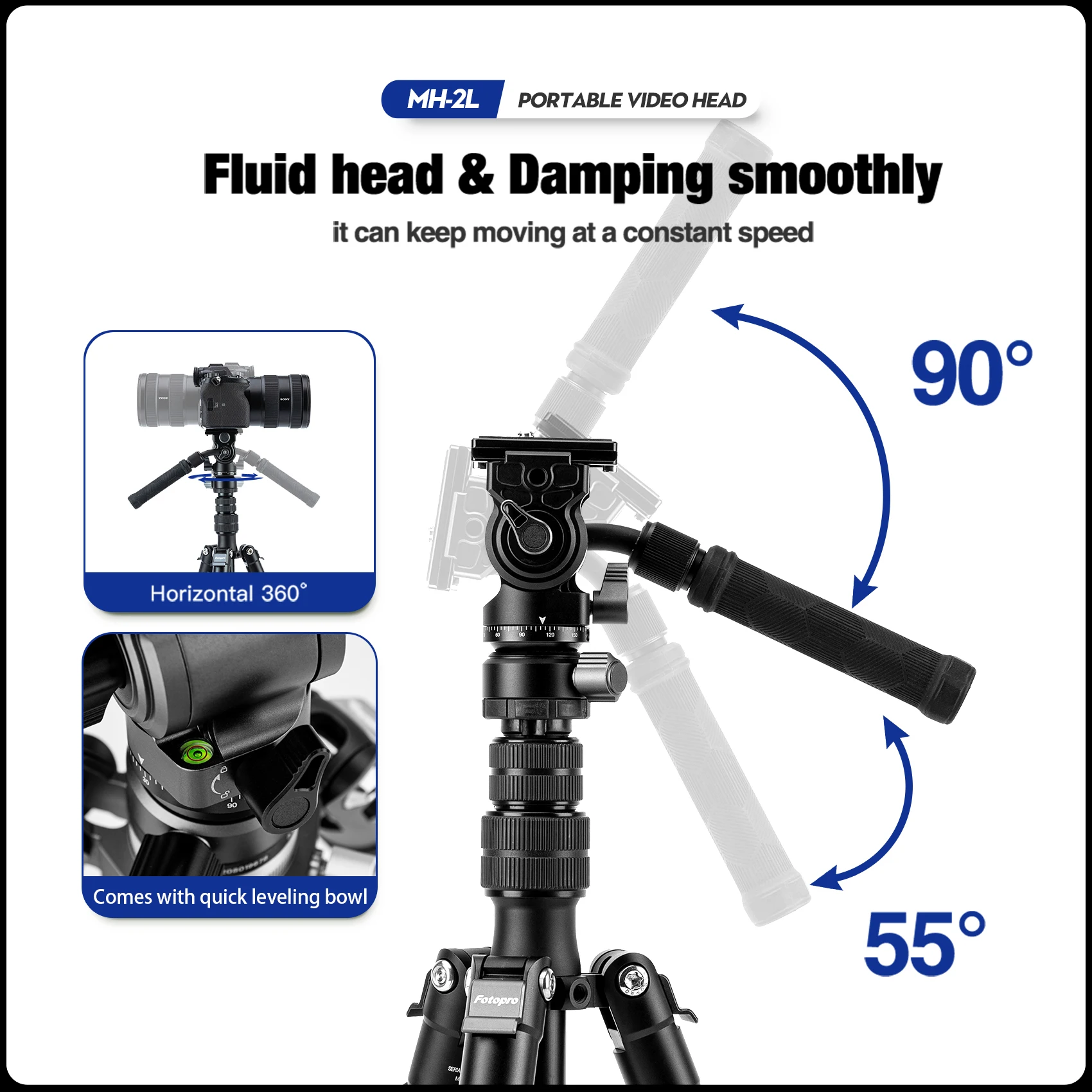 Fotopro MH-2L Video Fluid Head 360&deg; Panoramic Pan Tilt Head with Leveling Base Detachable Handle for X-Aircross 3