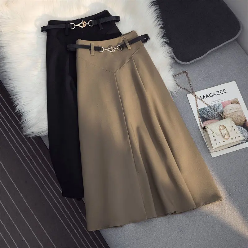 

Women's 2022 Spring Autumn New Skirts Lady Graceful Vintage Khaki High Waist A-Line Skirt with Waistbelt Fashion Daily Clothing