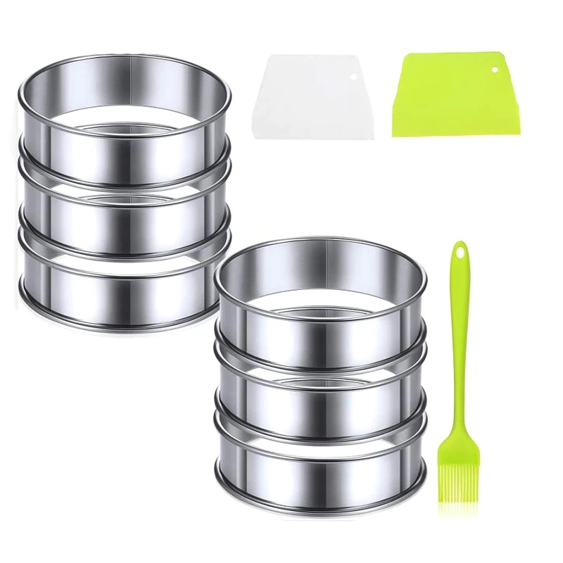 

AT35 6 Pcs Double Rolled Tart Rings Stainless Steel Muffin Rings With 2 Dough Scrapers And Oil Brush For Home Cooking Baking