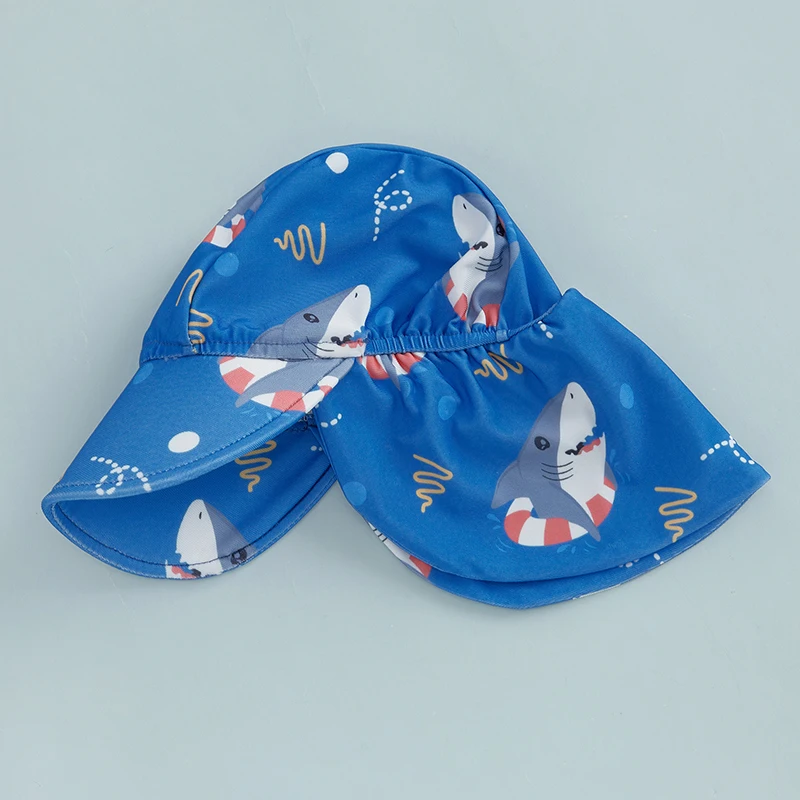 Tregren Toddler Boy Long Sleeve Swimsuit Cartoon Shark Print Half Zipper Rash Guard Swimwear with Sunhat Kids Beach Bathing Suit