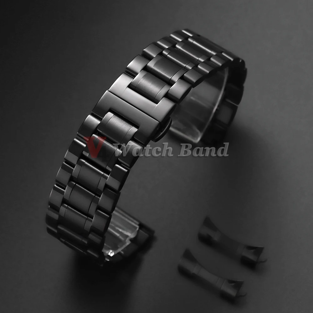 Universal Curved End Solid Stainless Steel Watch Band with Butterfly Clasp