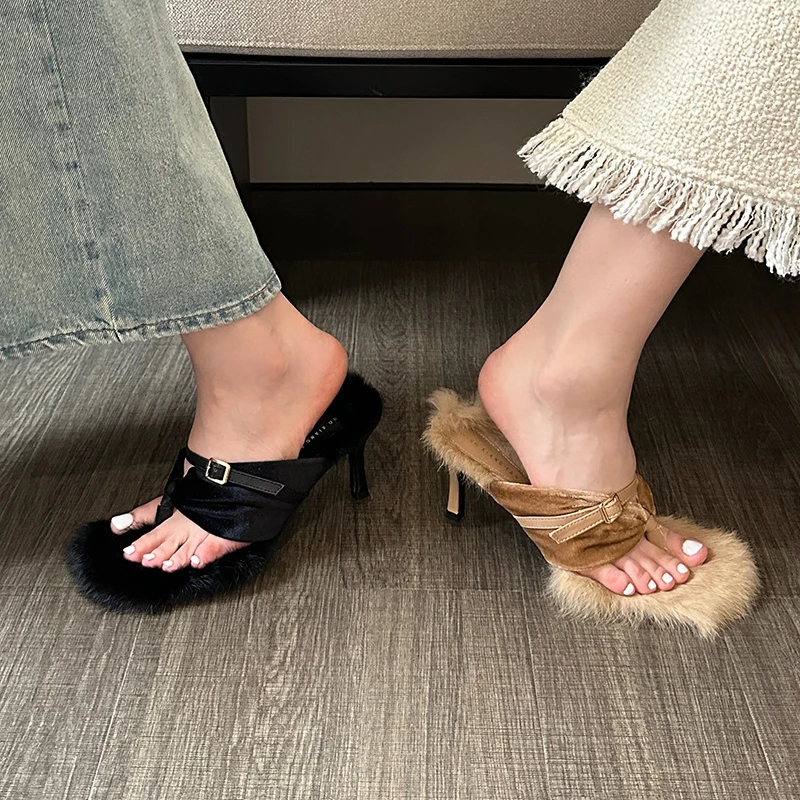 

Новый дизайн, вельветовые плиссированные тапочки, женские туфли на высоком каблуке, Осенняя обувь, искусственный мех, Квадратные Туфли