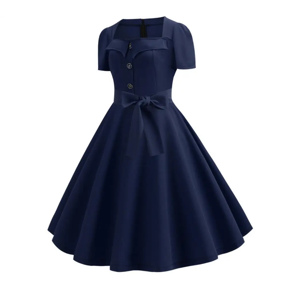 

Vintage Pin-up Dress Retro 1950s A-line Midi Dress with Square Neck Big Hem Dot Print for Women Vintage Style Prom Performance