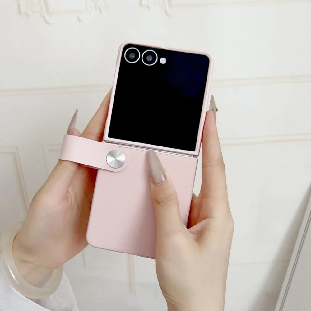 HandStrap Faux Leather Flip Phone Case with Skin-Friendly Lens Protection and Folding Hard Back Cover