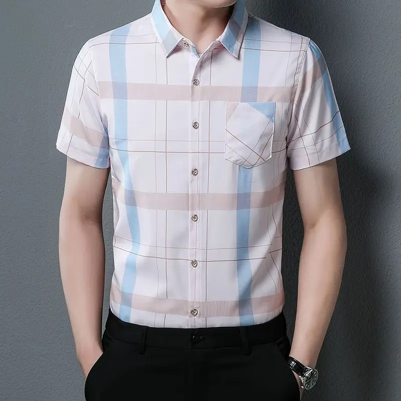 Summer New in Shirt Men's Clothes Short Sleeve Thin Ice Silk Turn-down Collar Tees Pockets Button Fashion Casual Vintage Tops