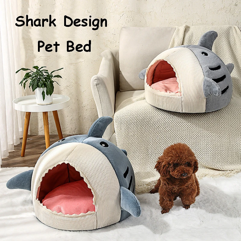 

Lovely Shark Shaped Pet Cave House Soft Comfort Semi-Enclosed Dogs Cats Sleeping Bed Nests Anti-Slip Washable Cat Dog Supply