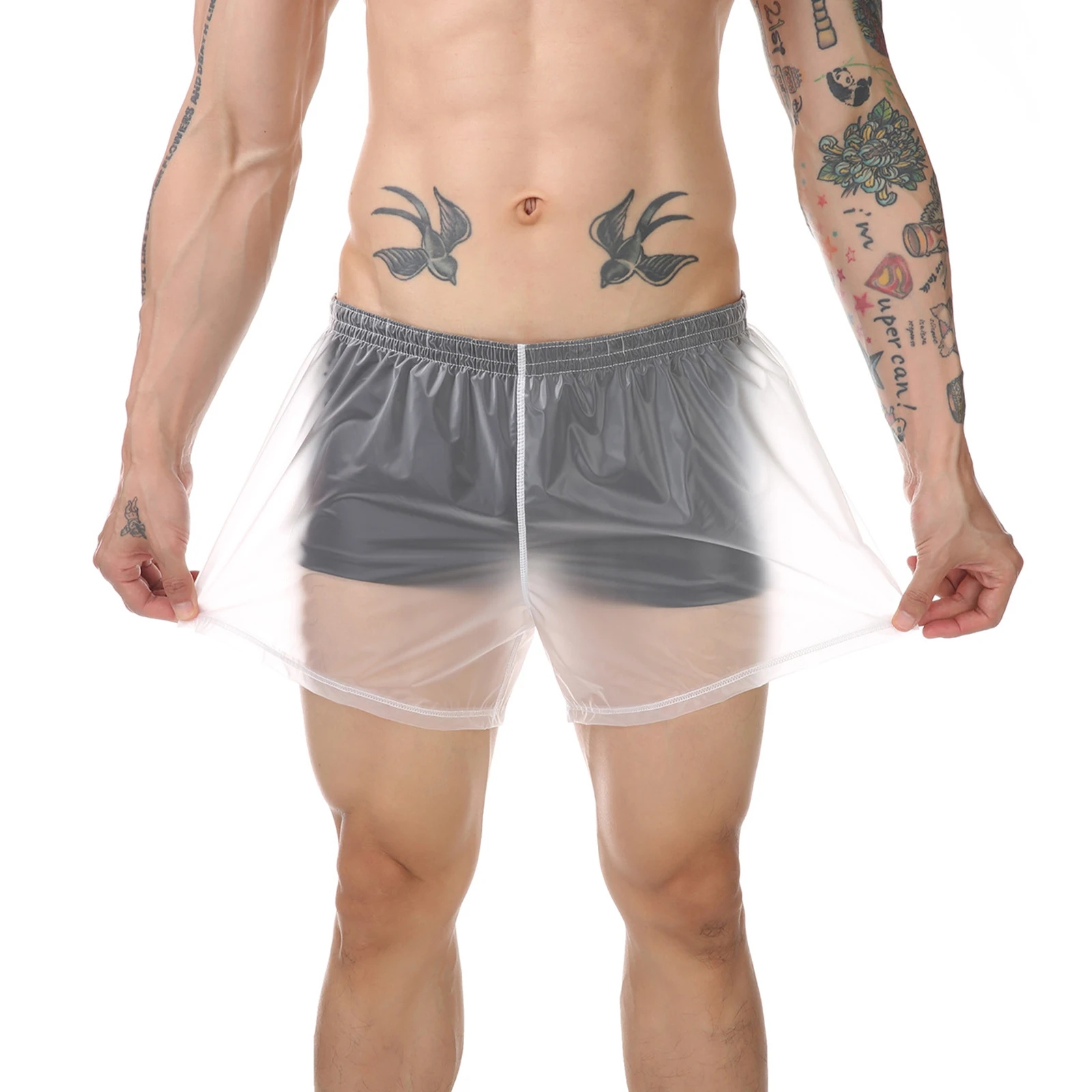 Men Transparent PVC Swim Trunks Quick-dry Elastic Waistband Boxer Shorts Briefs Cover Beachwear for Surfing Diving Swim Bottoms