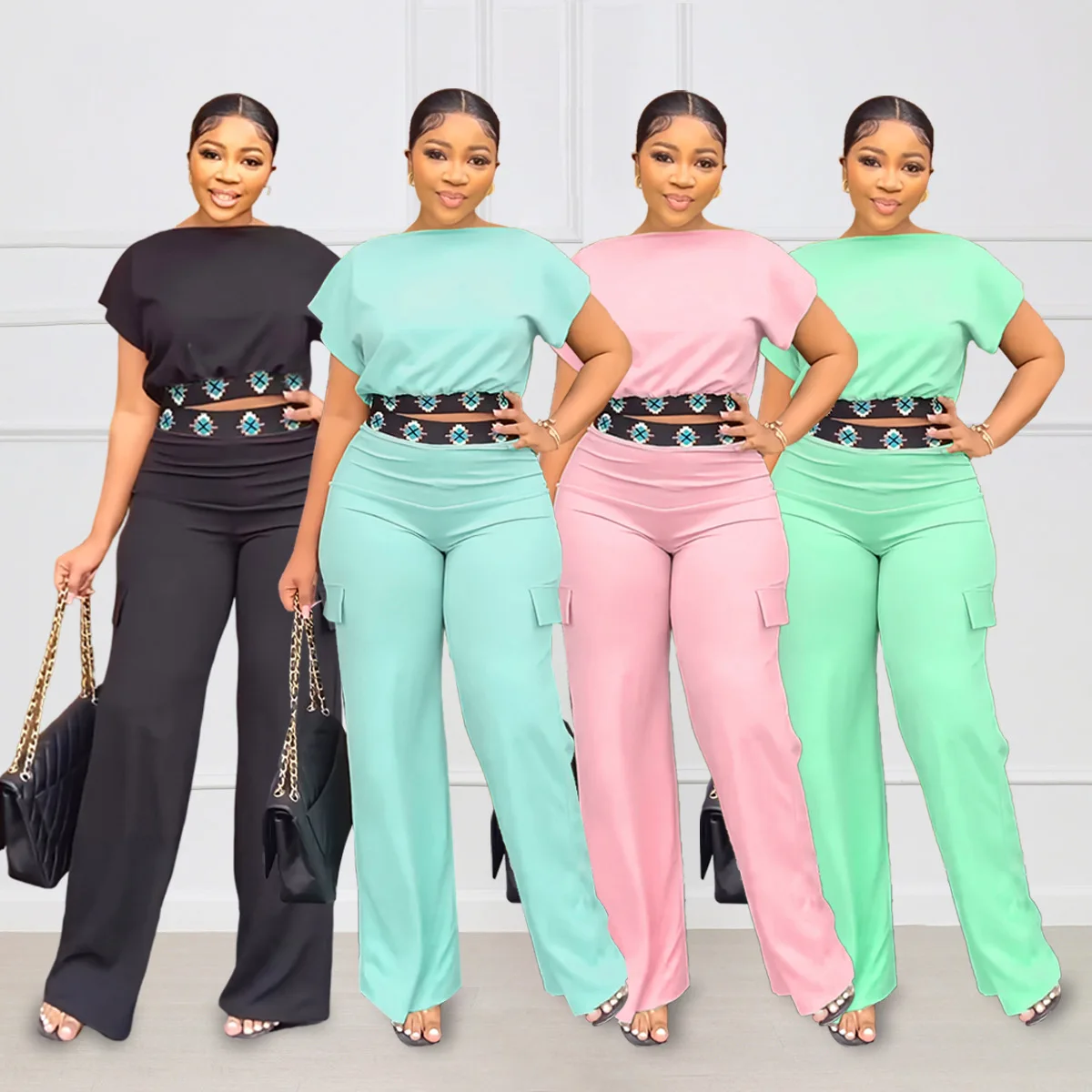 

Pant Sets Women Two Piece Set Clothing Round Neck Short Sleeve Top Waist Print Straight Leg Trousers Pocket Solid Color Ladies