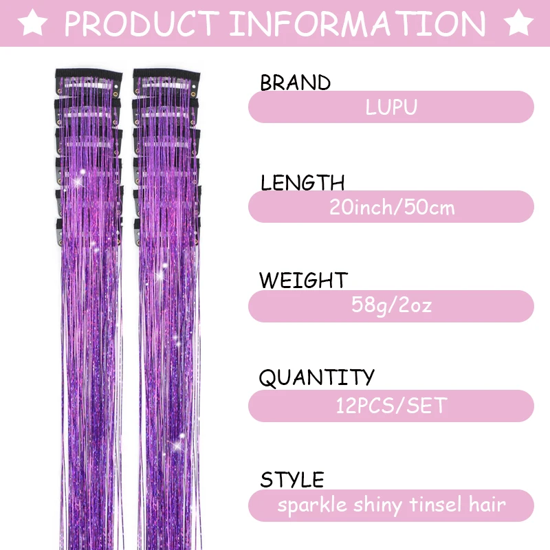 12Pcs Purple Clip in Tinsel Hair Extensions Hairpiece Colored Hair Tinsel Kit Party Highlights Hair Accessories for Women&Kids