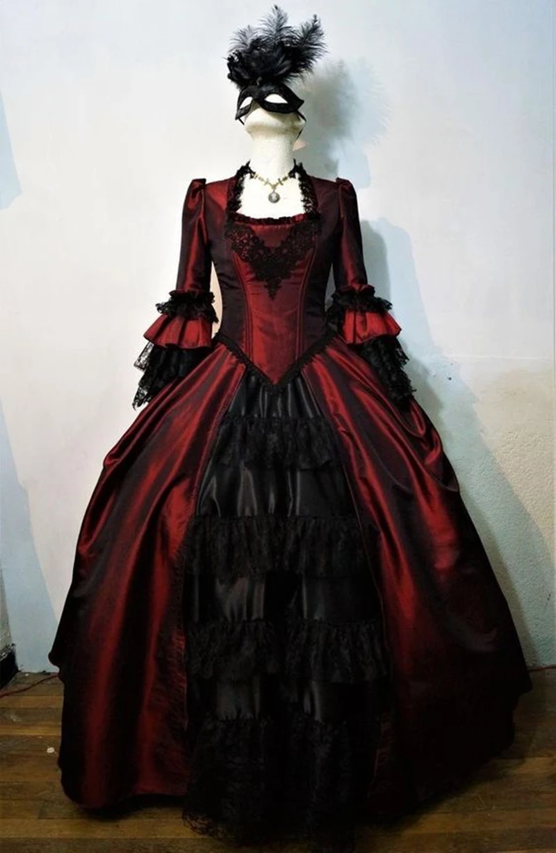 

Vintage Victorian Prom Dress Dark Red And Black Gothic Cosplay Masquerade Dress For Women Floor Length Bell Long Sleeves