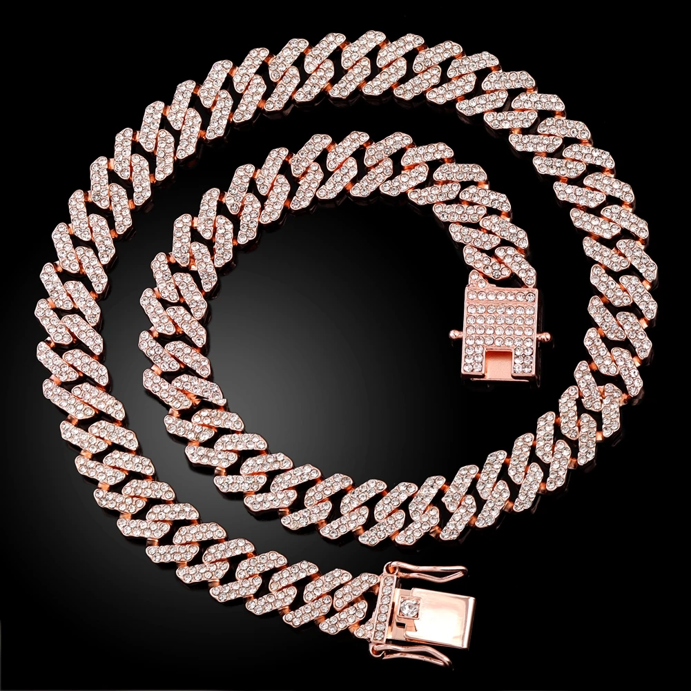 12MM Rose Gold Color Miami Cuban Link Chain Necklace Iced Out