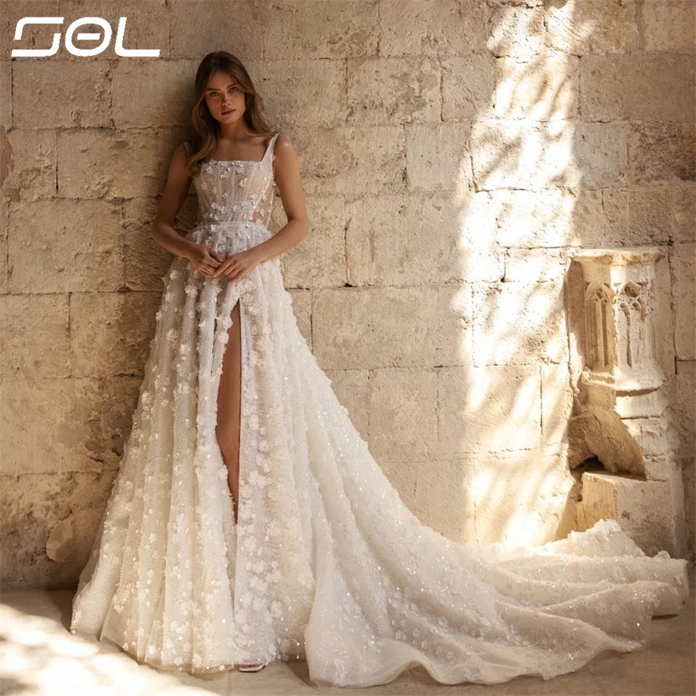 SOL-3D-Floral-Appliques-Lace-High-Side-Slit-Wedding-Dresses-Spaghetti ...