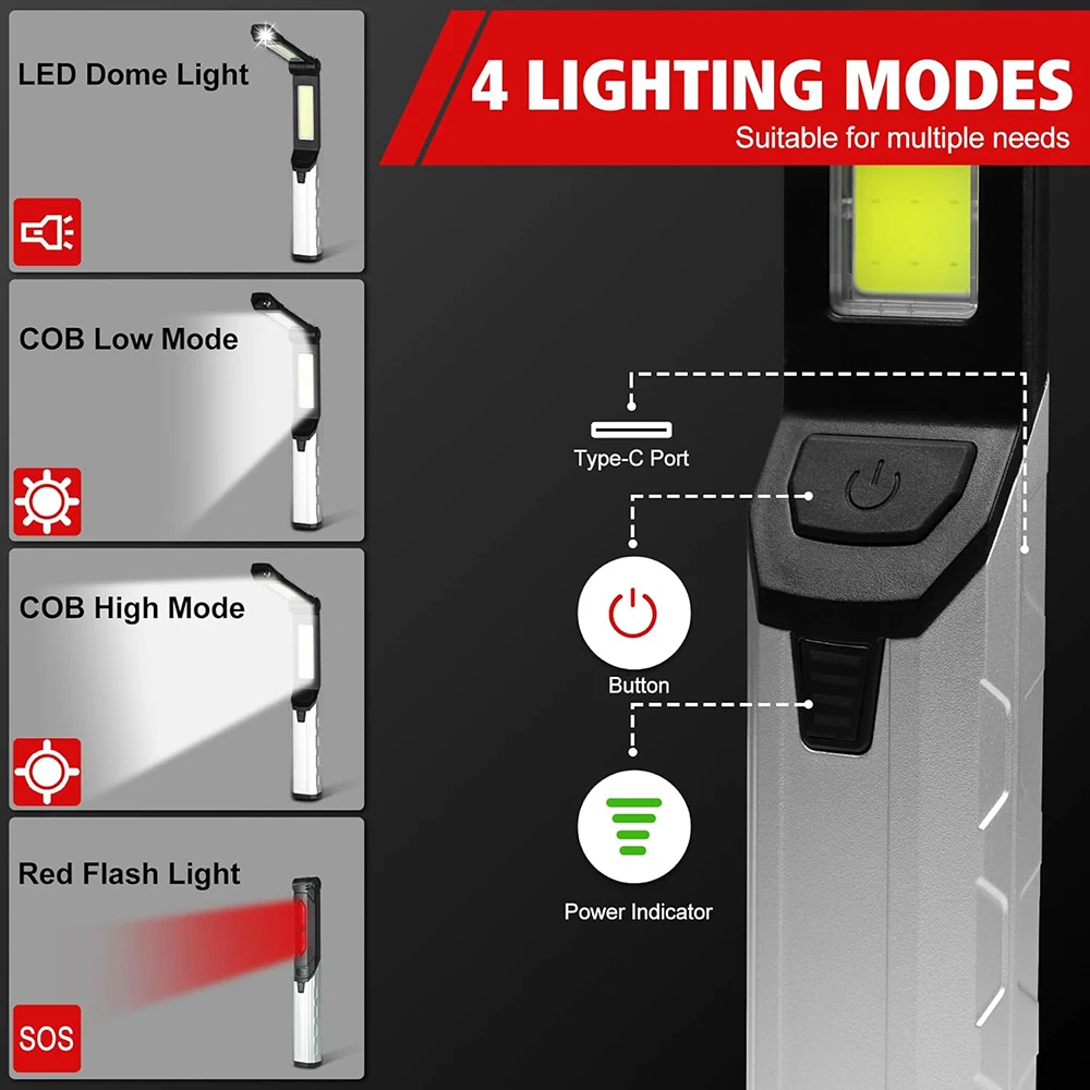 Portable Work Light Rechargeable LED Work Flashlight with 2 Magnetic Base 4 Light Modes Mechanic With Hook For Emergency