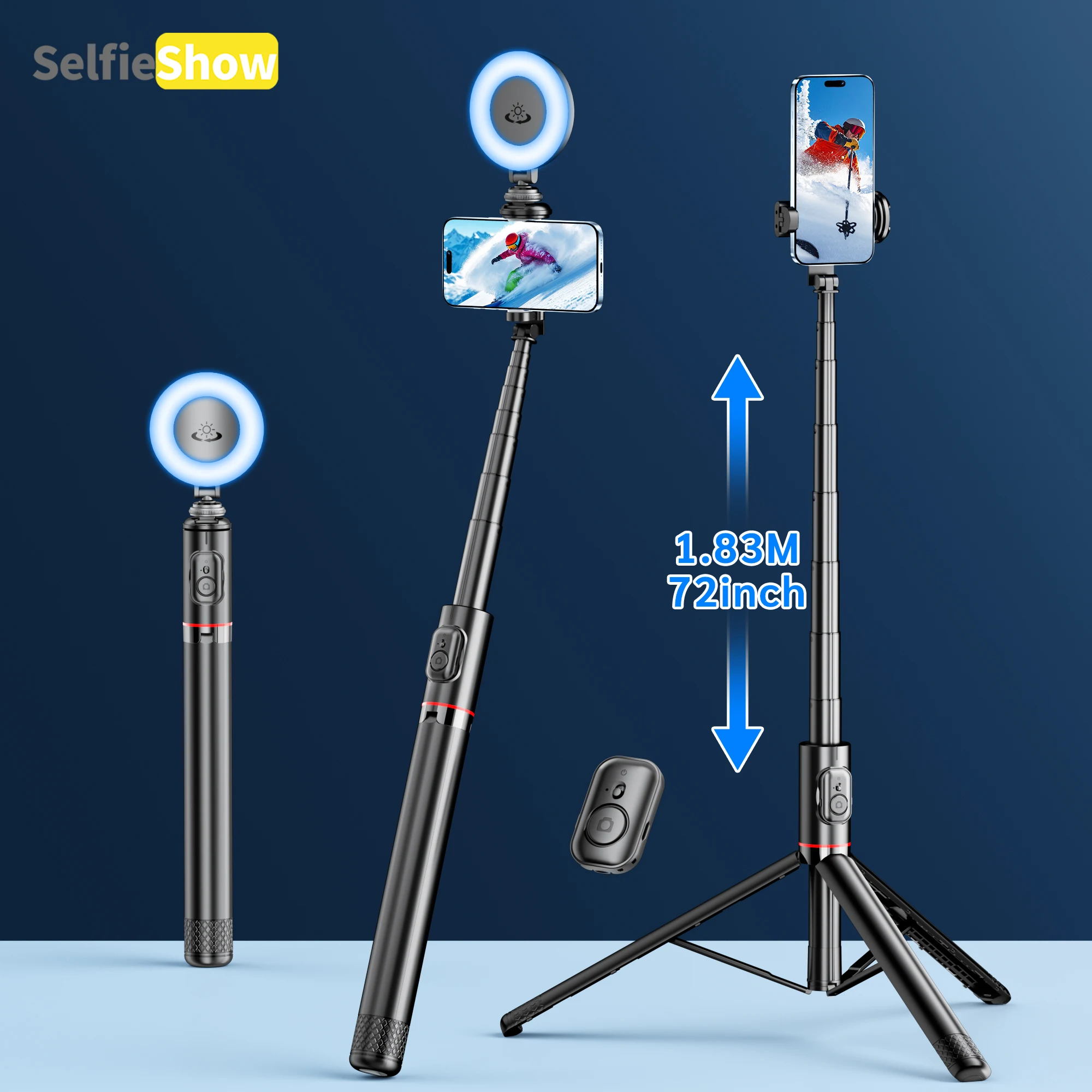Selfie Stick Wireless Bluetooth Stable Tripod 72 Inch Aluminum Alloy Portable Stand Stabilizer Tripe iOS Android Cellphone