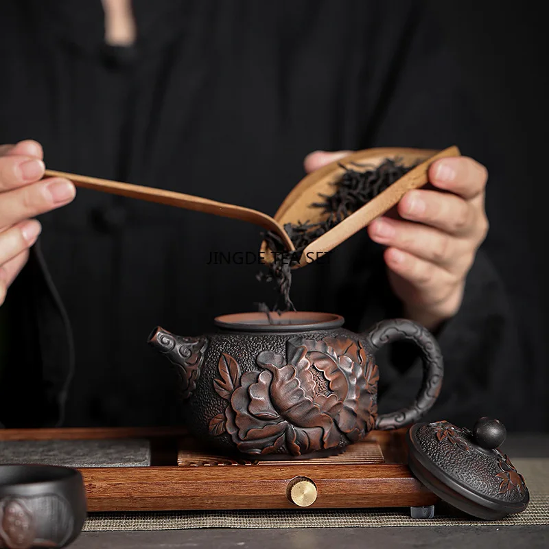 Purple pottery hand carved teapot household ceramic single teapot Kung Fu tea set tea ceremony container