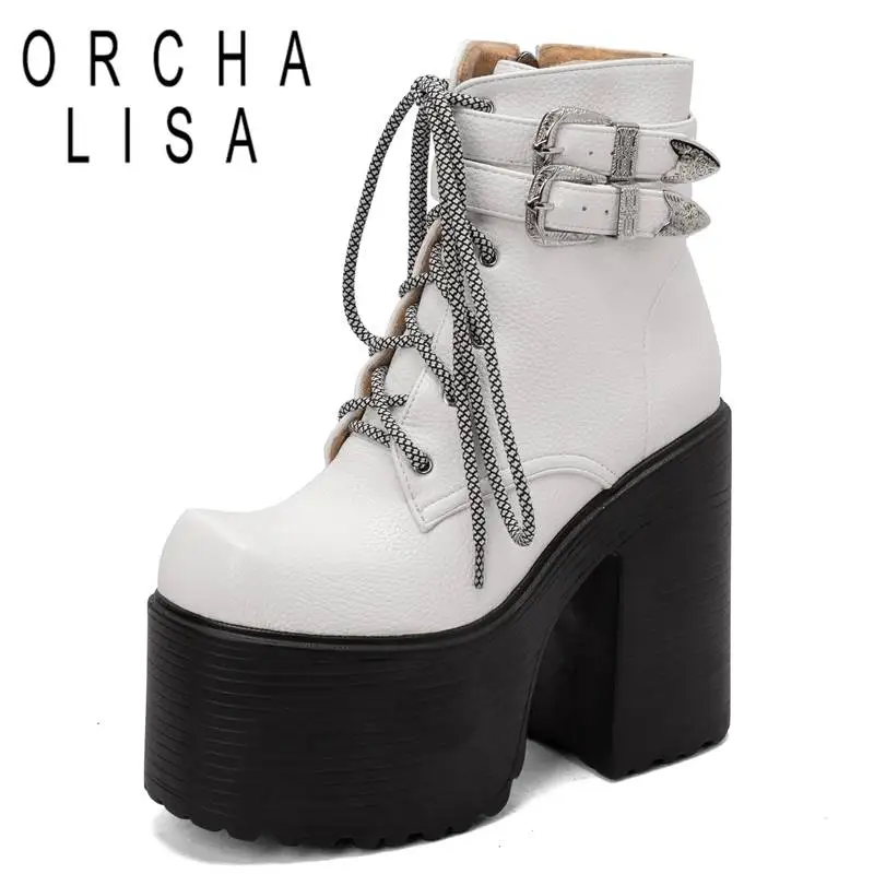 ORCHA LISA-고딕 부츠, 여성 스퀘어 토 블록 하이힐, 14cm 플랫폼 힐, 7.5cm 지퍼 레이스 업 버클, 펑크 앵클 부티, 그린