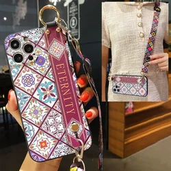 Retro Colorful Flower Soft TPU Phone Holder Lanyard Case with Neck Wrist Strap - iPhone 13 (IK20 - XWGonGFangXW)