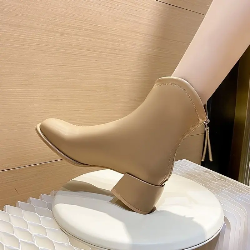 Autumn Women's Short Leather Boots High Heels Spring Woman White Shoes Pointed Thick Heel Women Dress Short Ankle Boot Plus Size