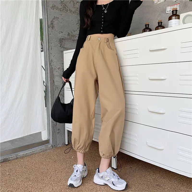 Women's Spring Summer Pockets Solid High Waist Button Zipper Sports Casual Wide Leg Strap Bandage Lantern Trousers Vintage Pants