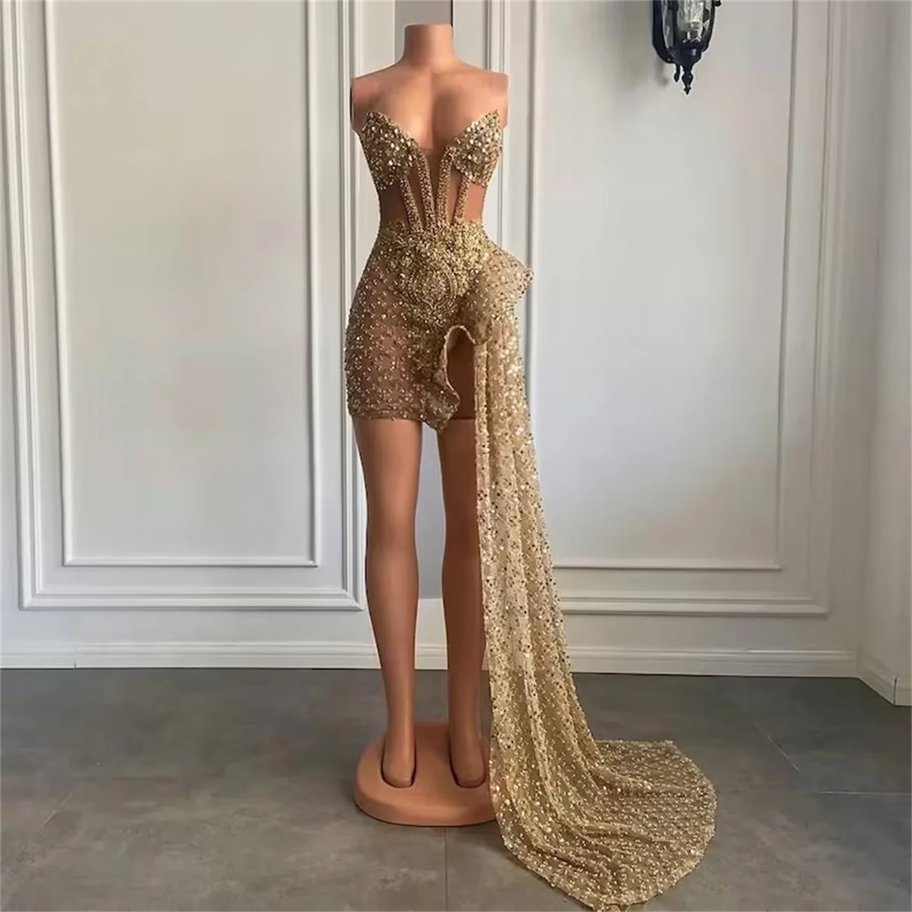 Gold Cocktail Dress Bandeau Sexy Sheer Mini Prom Party Gown Gorgeous Beaded Sequin Lace Classic One-Sided Train Newest